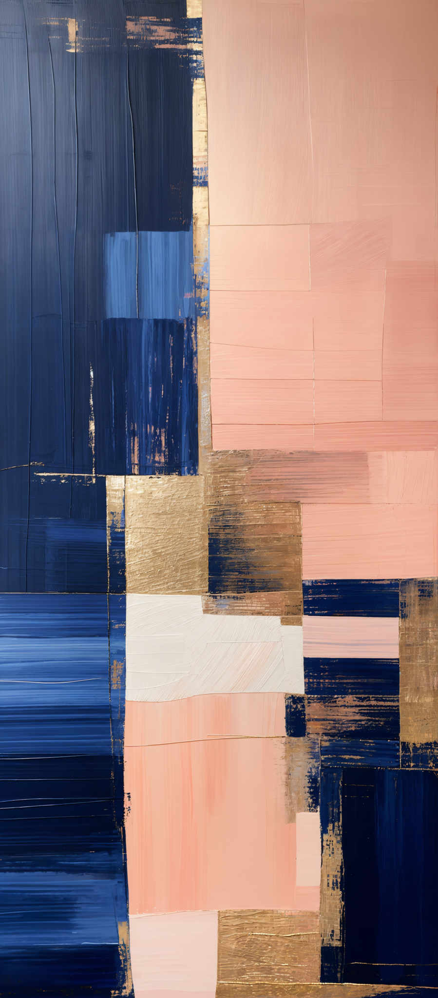 The image showcases an abstract artwork with a rich palette of colors. Dominant colors include deep blues, peachy pinks, and golden hues. The artwork consists of various geometric shapes, such as rectangles and squares, layered and interspersed with each other. The golden hue appears to be brushed or smeared, giving it a textured and layered appearance. The blues are deep and rich, while the peach pinks provide a warm contrast. The overall composition gives a sense of depth and dimension, with the layers suggesting a three-dimensional space.