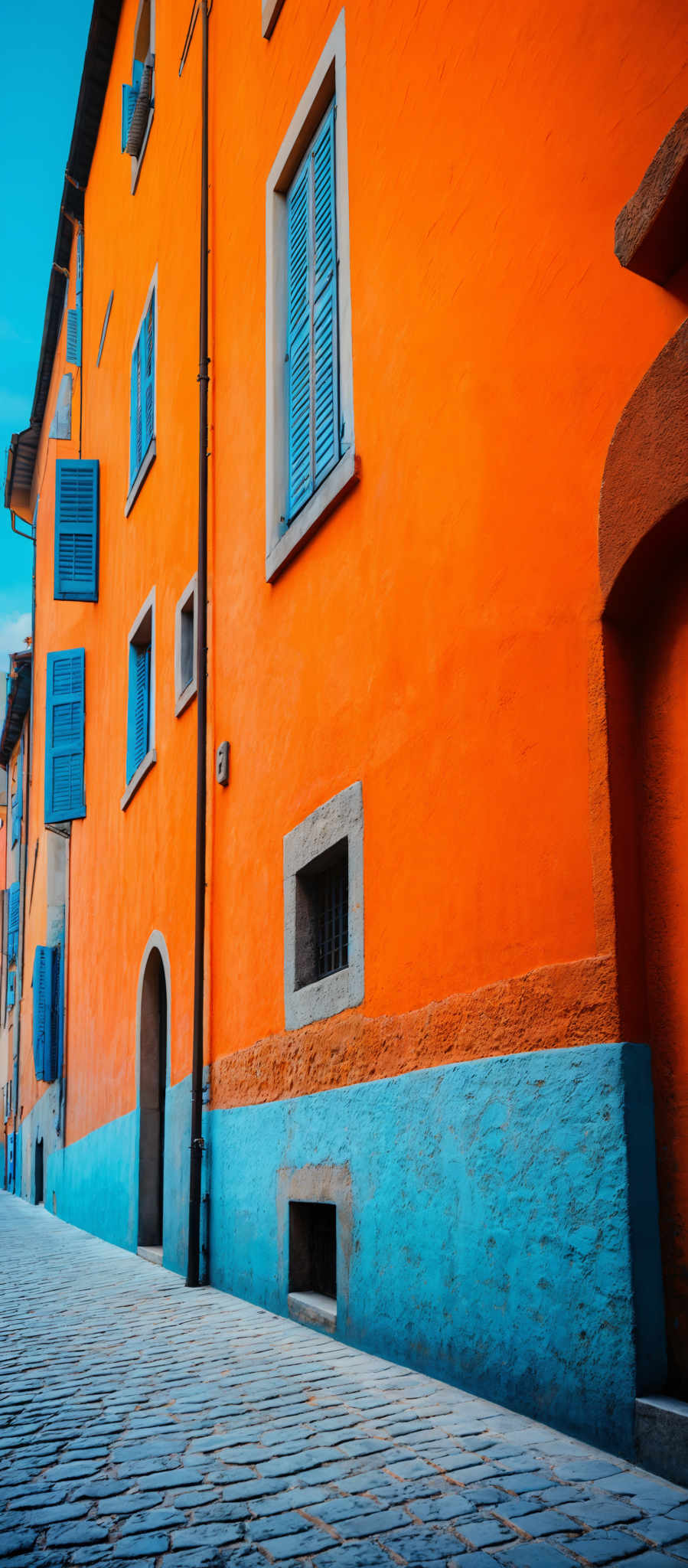 The image showcases a vibrant urban scene with buildings painted in bright colors. The dominant color is a vivid orange, complemented by a cobblestone street. The buildings have a traditional European architectural style, with blue shutters on the windows. The cobbled street is made of irregularly shaped stones, and there's a small archway on the right side of the image, painted in a contrasting light blue. The sky above is clear, suggesting a sunny day.