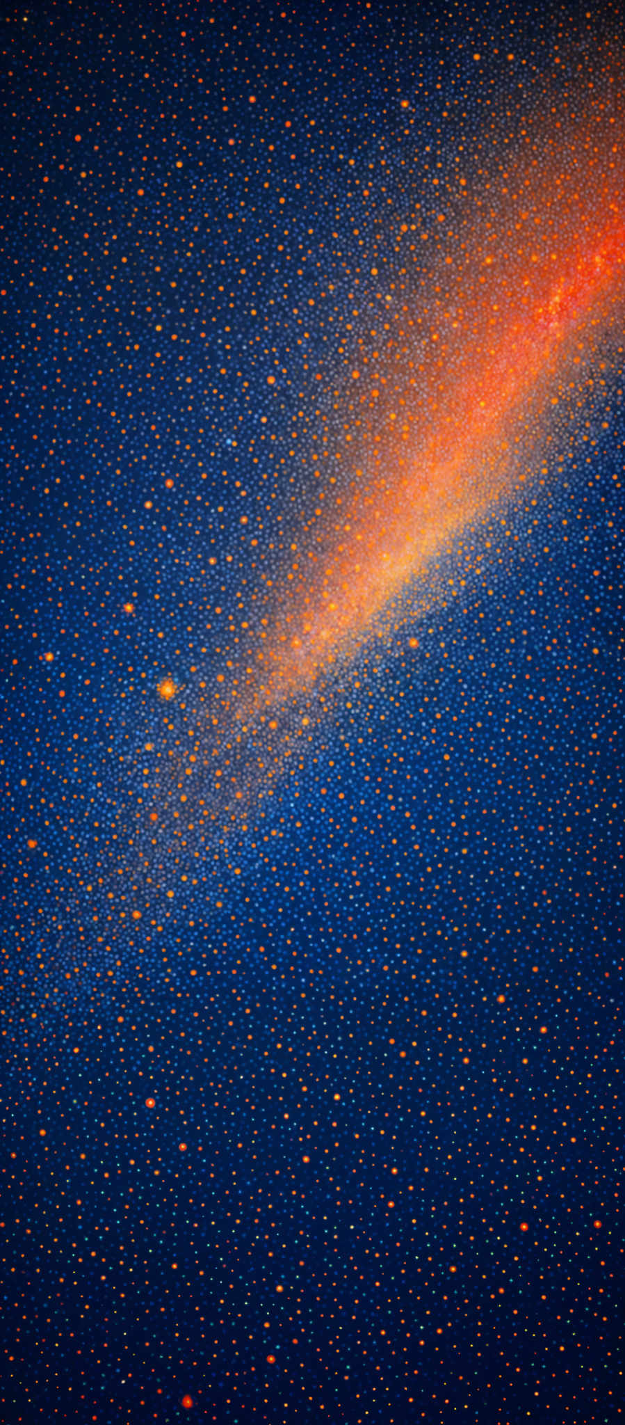 The image showcases a vast expanse of the universe, filled with countless stars. The predominant colors are deep blue and vibrant orange. The blue represents the vastness of space, while the orange signifies a dense region of stars or a galaxy. The stars are scattered throughout, with some appearing as bright dots and others forming a more diffuse glow. The image captures the beauty and mystery of the cosmos.