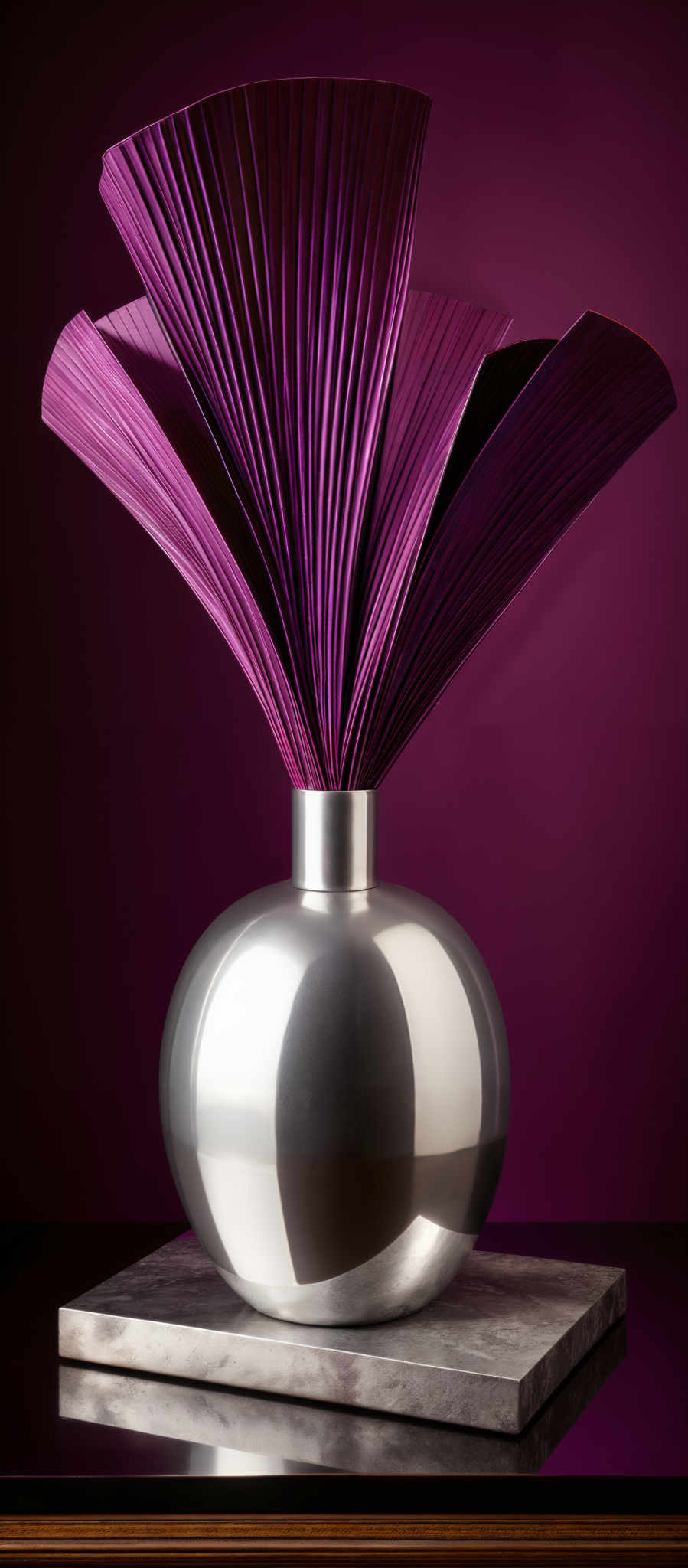 The image showcases a vibrant purple fan-shaped object that appears to be made of pleated or folded material. It is displayed on a silver, round vase with a reflective surface. The vase is placed on a rectangular stone or marble platform. The background is a deep shade of purple, creating a contrast with the objects in the foreground.