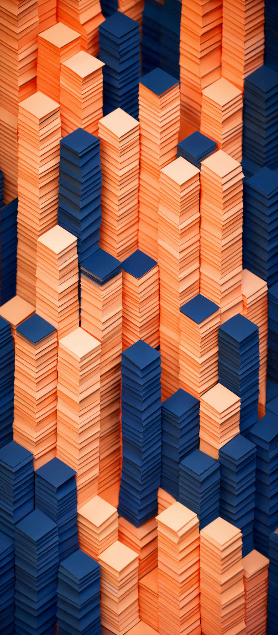 The image showcases a 3D arrangement of stacked rectangular blocks. The blocks are alternately colored in shades of blue and orange. The blue blocks are densely packed, creating a deep blue background, while the orange blocks are sporadically placed, creating an orange highlight. The entire arrangement gives a sense of depth and dimension, as if one is looking at a cityscape or a mosaic.