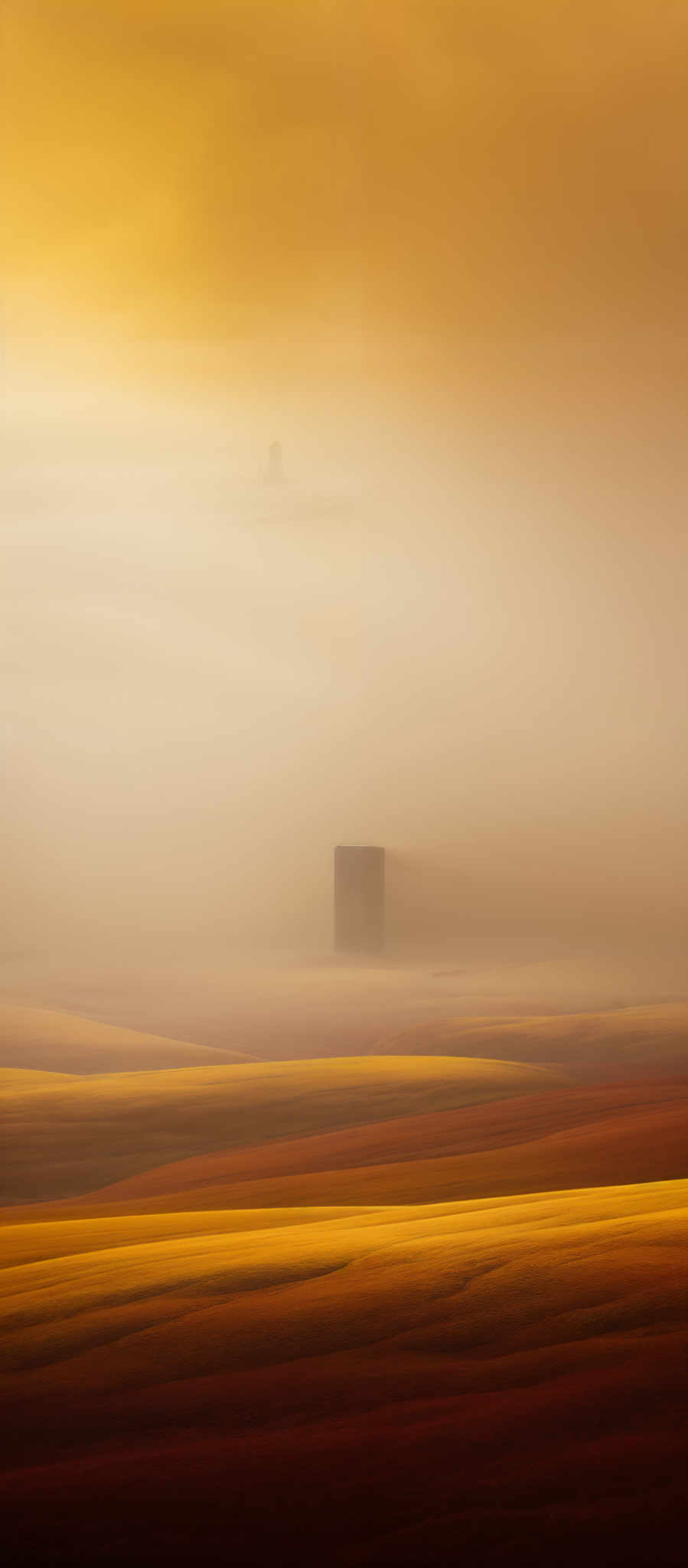 The image showcases a vast landscape with rolling fields of varying colors, ranging from deep reds to vibrant yellows. A solitary tower-like structure stands amidst the fields, partially obscured by a thick layer of mist or fog. The sky above is a gradient of warm hues, transitioning from a deep orange near the horizon to a lighter yellow as it ascends. The overall mood of the image is serene and ethereal, with the mist adding a touch of mystery to the scene.