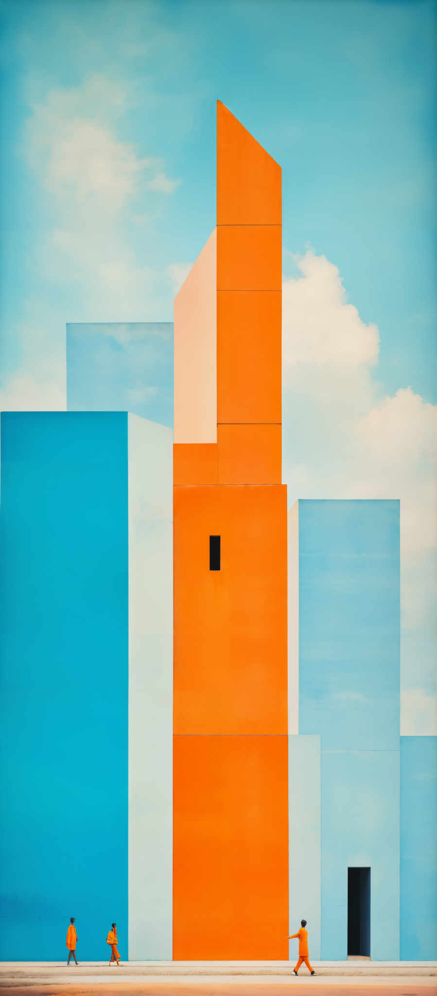 The image showcases a modern architectural design with geometric shapes. The dominant colors are blue, orange, and white. The blue and white are used for the walls of the buildings, while the orange is used for a prominent tower. The sky is a light blue with a few white clouds. There are three figures in the foreground, all dressed in matching orange outfits, walking on a pathway.