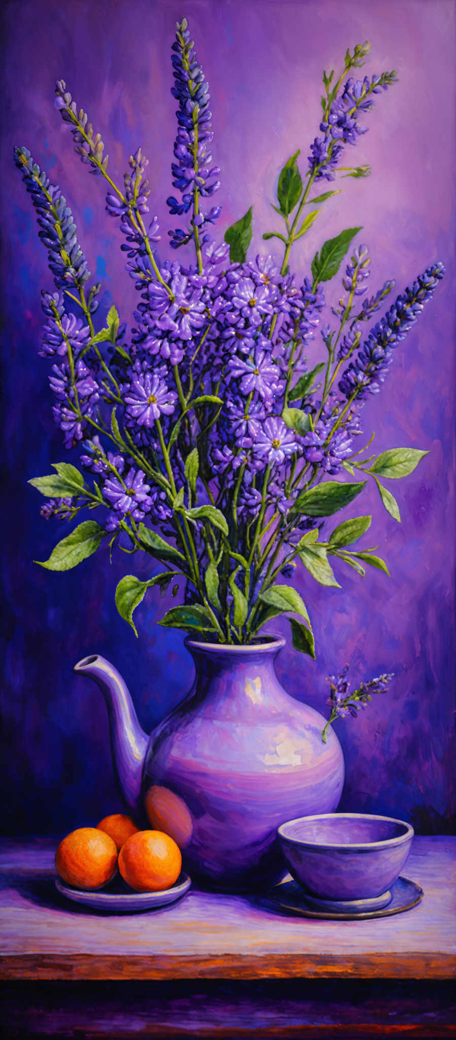 The image showcases a vibrant and detailed painting of a bouquet of flowers placed in a vase. The flowers are predominantly purple with elongated stems and small, round petals. The vase is in a shade of light purple, and it has a unique shape resembling a teapot. Beside the vase, there are two round, orange fruits placed on a plate. The background is a rich shade, predominately purple and blue, with a hint of a wooden surface at the bottom.