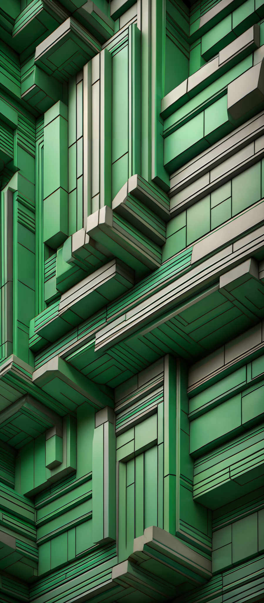 The image showcases a 3D geometric pattern with multiple protruding and receding rectangular and square blocks. These blocks are in varying shades of green, with some having a glossy finish while others appear matte. The arrangement of the blocks creates a complex and intricate maze-like structure, giving the impression of a modern or futuristic architectural design.