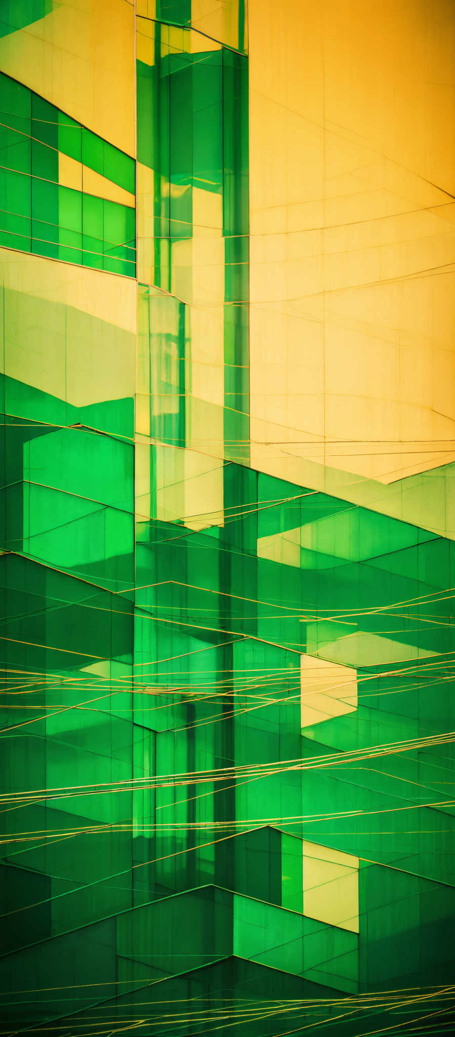 The image showcases an abstract representation of a building or architectural structure. It predominantly features shades of green and yellow. The green is used to depict the building's facade, while the yellow represents the sky or light source. The image is composed of various geometric shapes, including rectangles and squares, interlaced with each other. There are also thin lines that seem to depicate windows or other architectural details.