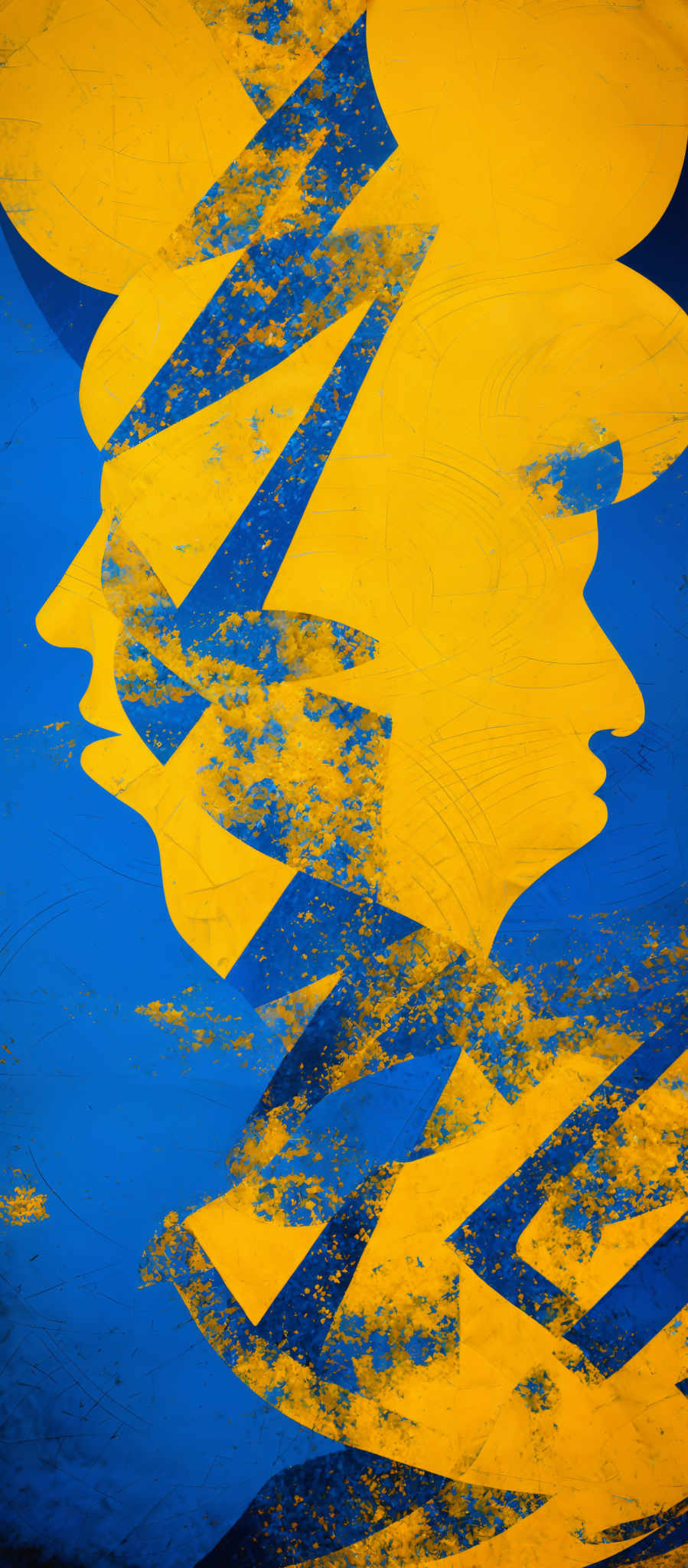 The image predominantly features shades of blue and yellow. The blue forms the background, while the yellow takes the form of abstract shapes, resembling a combination of geometric and organic forms. These shapes overlap and intertwine, creating a sense of depth and movement. The yellow shapes also have speckles of a lighter hue, possibly indicating a texture or a distressed finish.