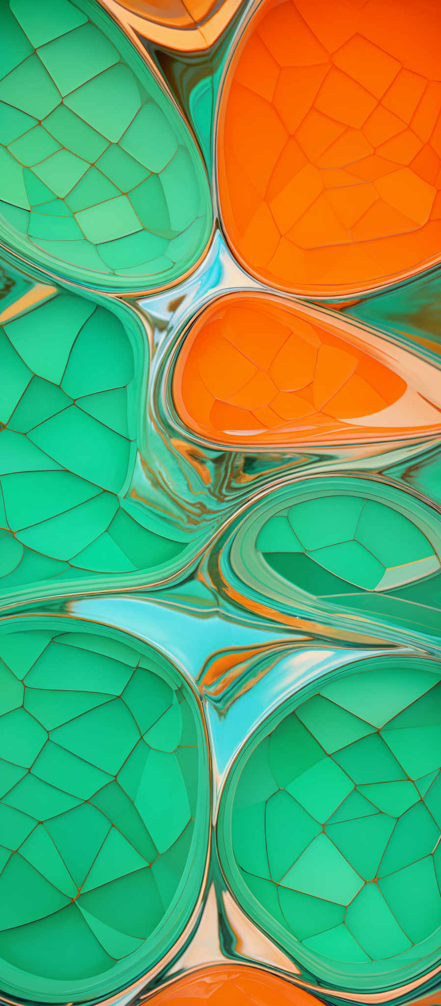 The image showcases an abstract design with a combination of shapes and colors. The dominant colors are teal and orange. The teal shapes resemble cells or organic structures, with intricate patterns and lines. The orange shapes, on the other hand, appear to be liquid or gel-like, with a glossy finish. The design gives an impression of interconnectedness and fluidity between the two shapes.