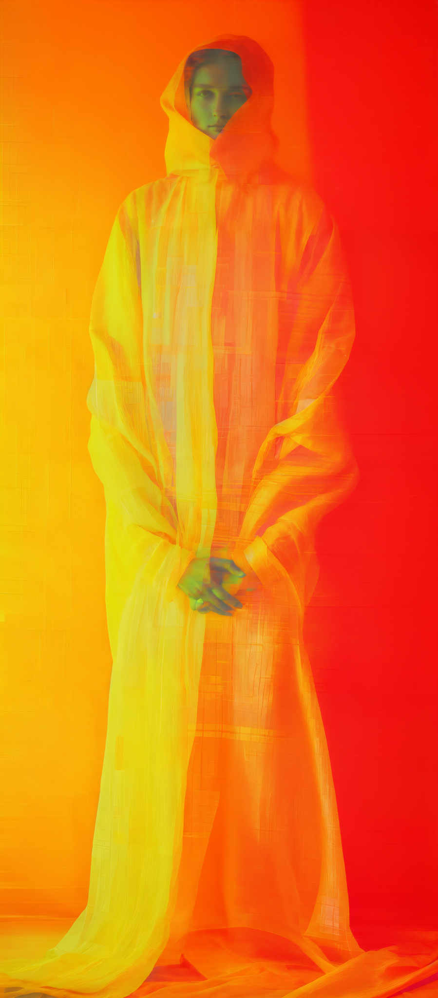 The image predominantly features warm hues of orange and yellow. The central figure is draped in a translucent, flowing garment that reflects these colors, giving it a shimmering appearance. The garment envelops the figure from head to toe, with the hood obscuring the face, leaving only the eyes visible. The background is a gradient of orange, transitioning from a deeper shade at the bottom to a lighter one at the top. The overall mood of the image is serene and ethereal.