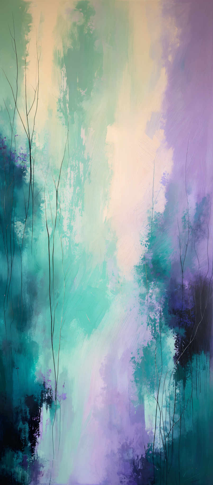 The image showcases a vibrant and abstract painting. The dominant colors are shades of green, blue, and purple. The painting features a blend of these colors, creating a dreamy and ethereal atmosphere. There are thin, slender, and elongated black lines that resemble tree branches or abstract forms. These lines are scattered throughout the canvas, intertwining and overlapping with the colorful background. The overall composition gives a sense of depth and movement, as if the viewer is looking into a serene and mystical forest.