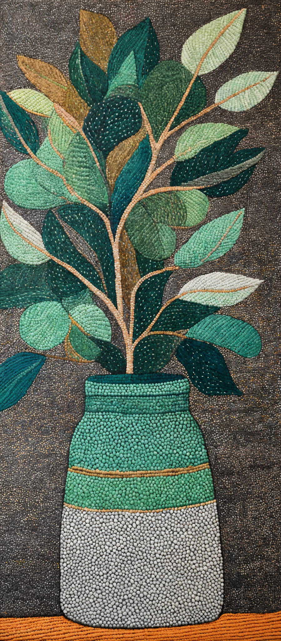 The image showcases a vibrant and detailed depiction of a plant. The plant has large, textured leaves in varying shades of green, with some leaves having a golden hue. The leaves are intricately detailed, showing different patterns and textures. The stem of the plant is slender and extends upwards. The vase in which the plant sits is a prominent feature, with a textured, mosaic-like pattern in shades green, white, and orange. The background is a dark, almost black, texture, which contrasts with the bright colors of the leaves and vase.