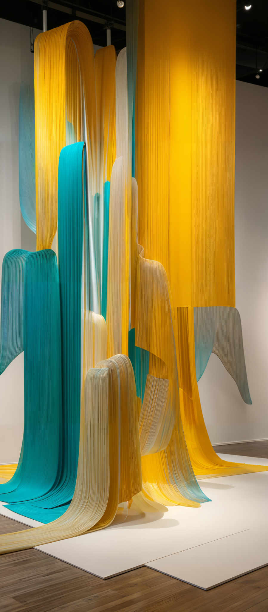 The image showcases an art installation made up of cascading, flowing fabric in various colors. The dominant colors are shades of yellow and turquoise. The fabric appears to be suspended in mid-air, creating a dynamic and fluid visual effect. The shapes are organic and curvy, resembling cascades or waterfalls. The installation is set against a white background, which accentuates the vibrant colors of the fabric.