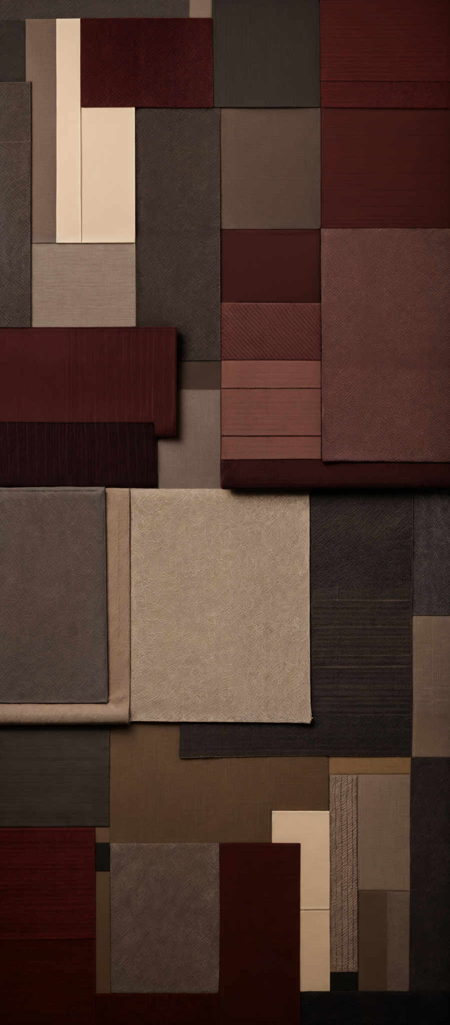 The image showcases a collection of rectangular and square fabric samples arranged in a mosaic pattern. The colors range from deep reds, browns, and beiges to lighter creams and grays. The fabrics exhibit various textures, from smooth to ribbed, and patterns, such as stripes and subtle marbled designs.