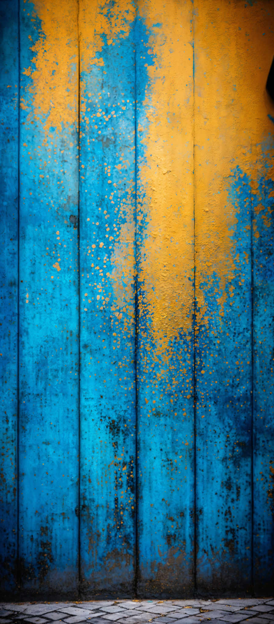 The image showcases a vibrant and textured wall with a combination of blue and yellow hues. The blue dominates the upper portion, while the yellow forms a scattered pattern towards the bottom. The wall appears to be weathered, with visible signs of wear and tear, such as cracks and peeling paint. The ground below the wall is made up of a patterned stone or tile floor.