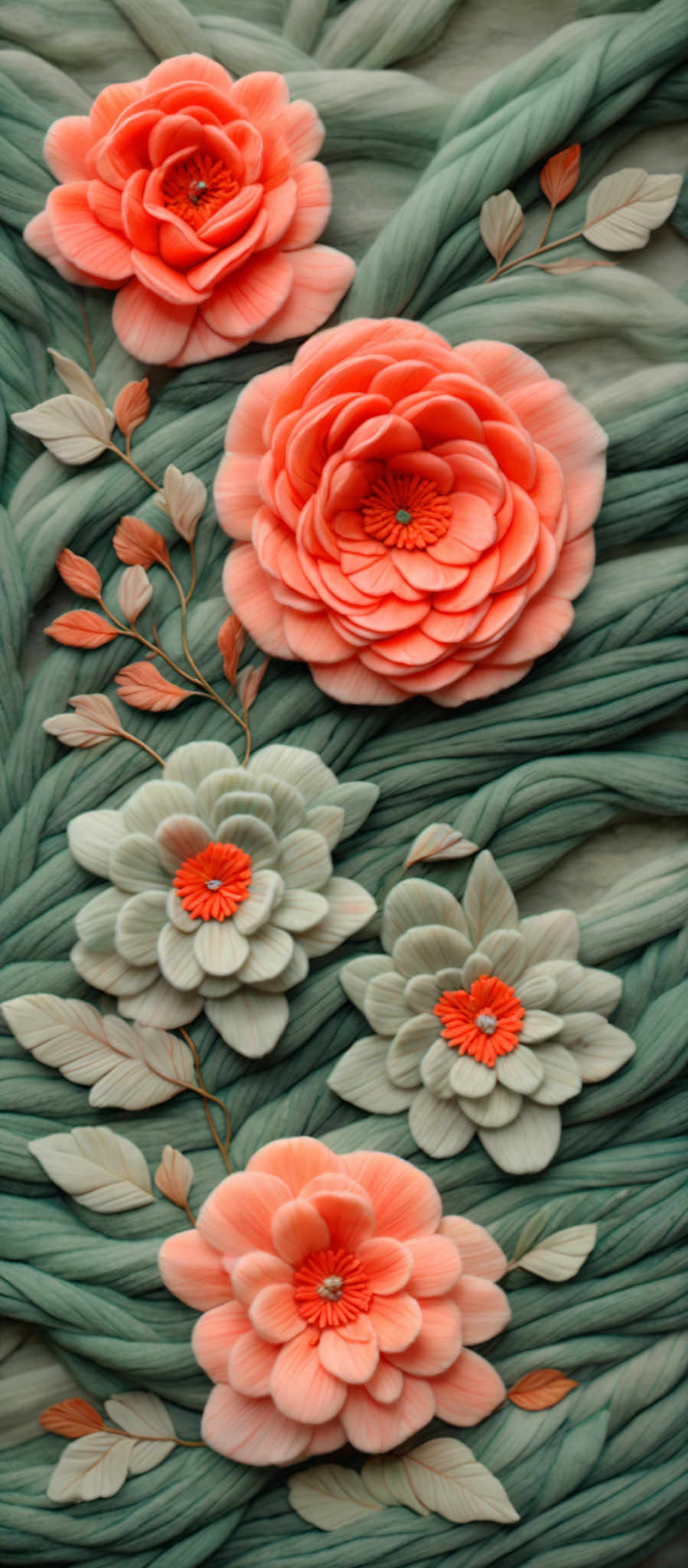 The image showcases a beautifully crafted artwork with a combination of colors and textures. The dominant colors are shades of green, representing the background, and vibrant shades like orange and peach for the flowers. The flowers are intricately designed with layered petals, detailed centers, and some have embellishments like small gems. The background consists of wavy, green textures that give a feeling of intertwined fabric or perhaps a representation of nature.