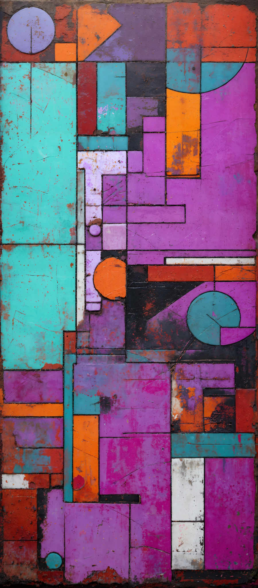 The image showcases an abstract painting with a myriad of vibrant colors. Dominant colors include shades of blue, pink, orange, and red. The painting consists of various geometric shapes, such as rectangles, squares, and circles, interspersed with irregular forms. The overall composition gives an impression of a fragmented cityscape or a mosaic of different elements.