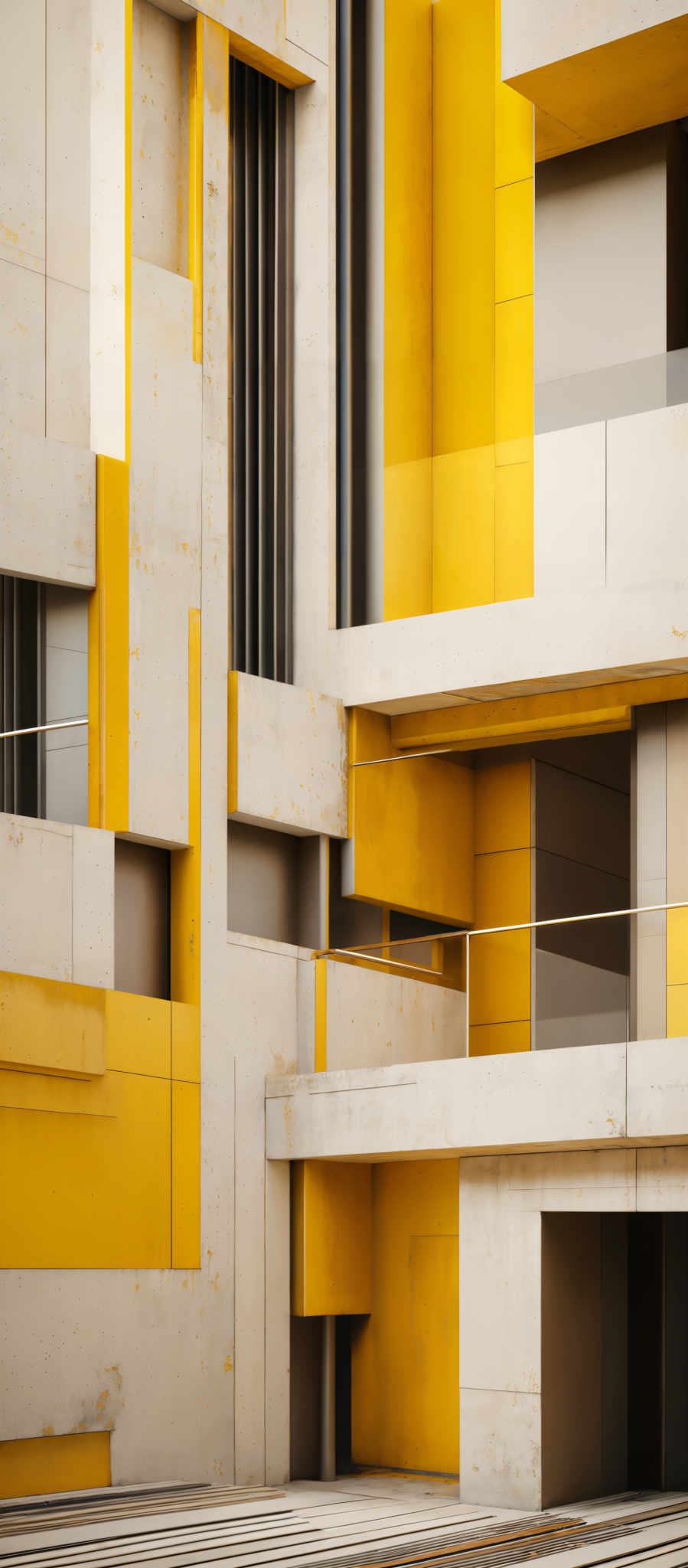 The image showcases a modern architectural structure with geometric shapes. The predominant colors are shades of gray and yellow. The gray is used for the walls and the floor, while the yellow is used as accent walls. The structure consists of multiple rectangular and square blocks, some of which are interconnected. There are also vertical and horizontal lines, possibly representing windows or doors. The overall design gives an impression of a contemporary building, possibly a part of a museum or a public space.