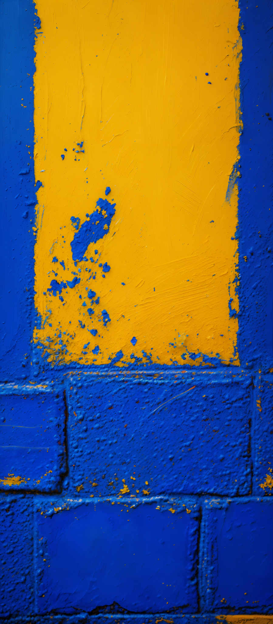 The image showcases a vibrant and textured composition of colors. Dominantly, there are two primary colors: a bright yellow in the upper half and a deep blue in the lower half. The yellow section appears to have a rough texture, with some areas showing signs of wear or chipping, revealing the blue layer beneath. The blue section has a more structured appearance, resembling a brick or block pattern. There are also splatters of blue paint scattered throughout the image, adding to the abstract and artistic feel of the piece.