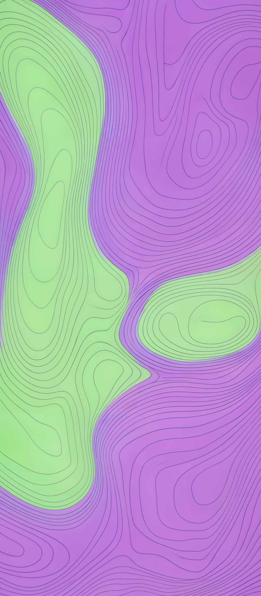 The image showcases a topographic map with contour lines. The contourlines form various shapes, including curves and loops, and they are colored in shades of green and purple. The varying colors likely represent different elevations or terrains.