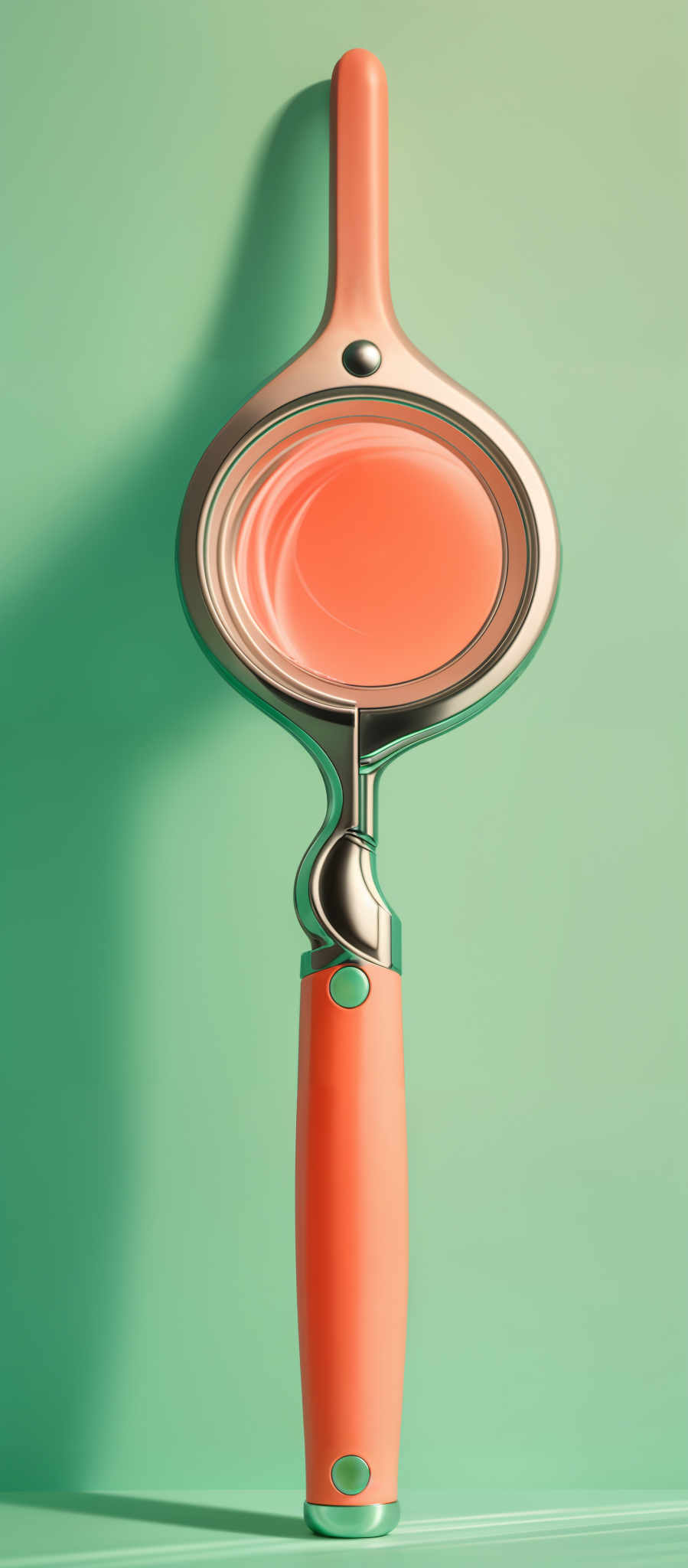 The image showcases a magnifying glass with a unique design. The handle is colored in a vibrant shade of orange, while the body of the magnifying lens is silver. The lens itself has a reflective surface, displaying a swirling pattern of colors, predominantly shades of pink and blue. The background is a soft teal color, providing a contrast to the orange and silver tones of the object.