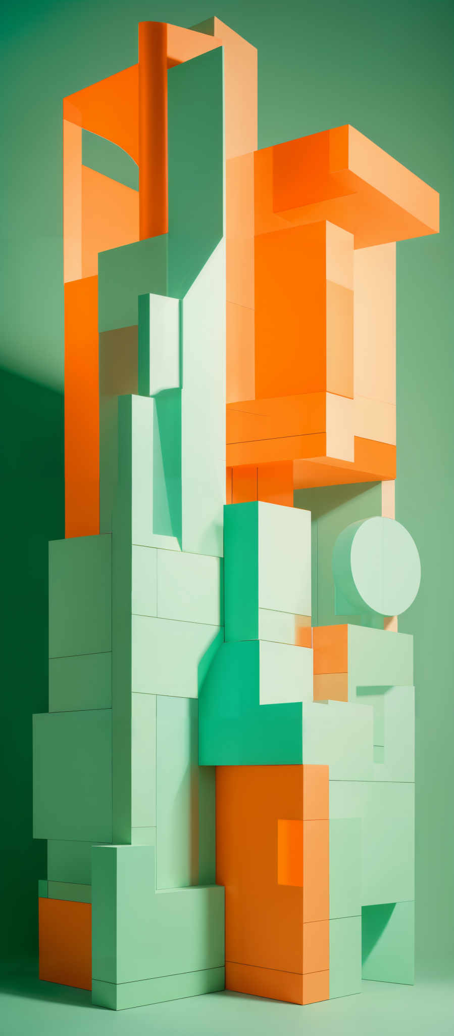 The image showcases a three-dimensional structure composed of geometric blocks in various colors. The dominant colors are shades of green, orange, and white. The blocks are irregularly shaped, with some resembling cubes, rectangles, and other geometric forms. The structure appears to be abstract and artistic, possibly representing a modern or contemporary architectural design.