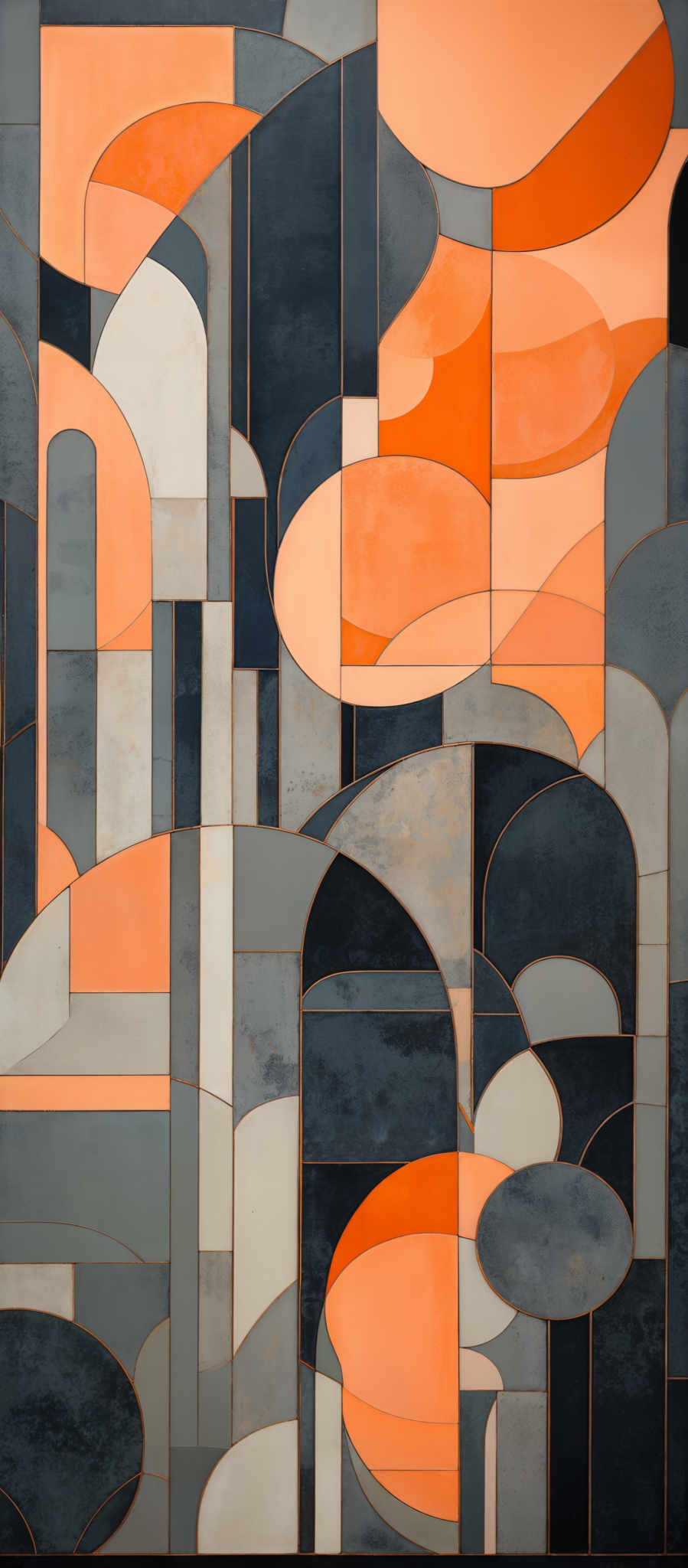 The image showcases an abstract artwork with a combination of geometric shapes and curves. The dominant colors are shades of blue, gray, and orange. The shapes include overlapping rectangles, circles, and arches. The artwork seems to be divided into sections, each with its unique color palette and design. The overall feel is modern and abstract, with a harmonious blend of cool and warm tones.