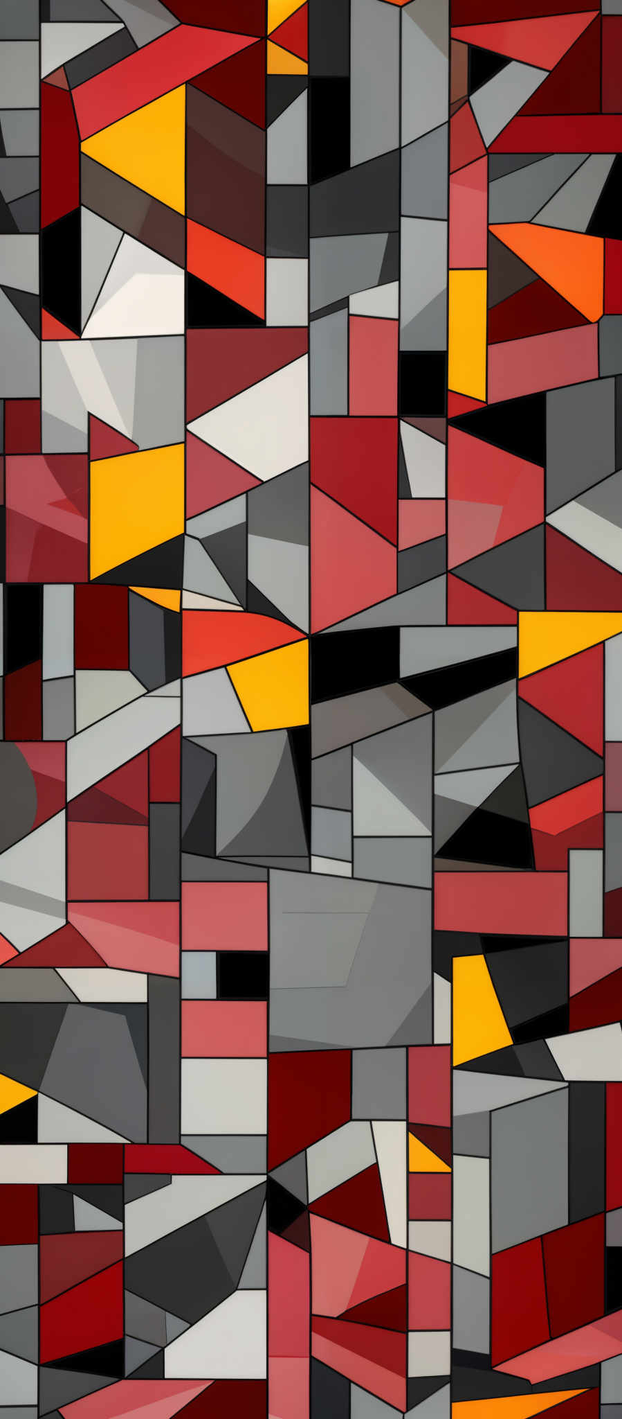 The image showcases an abstract artwork composed of various geometric shapes. The predominant colors are shades of red, yellow, gray, and white. The shapes are predominantly rectangles and triangles, interlocked and overlapping in a complex pattern. The artwork gives an impression of a mosaic or a fragmented image, reminiscent of a broken window or a crystalline structure.