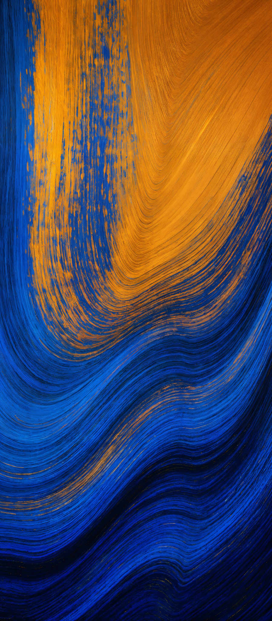 The image showcases a vibrant and dynamic flow of colors. It predominantly features shades of blue and gold. The blue is represented by smooth, wavy lines that flow seamlessly, giving a sense of fluidity. The gold, on the other hand, is depicted as streaks or patches that intersperse among the blue lines, adding a touch of brightness and contrast. The overall effect is reminiscent of flowing water or a cascading wave, with the colors beautifully blending and intertwining.