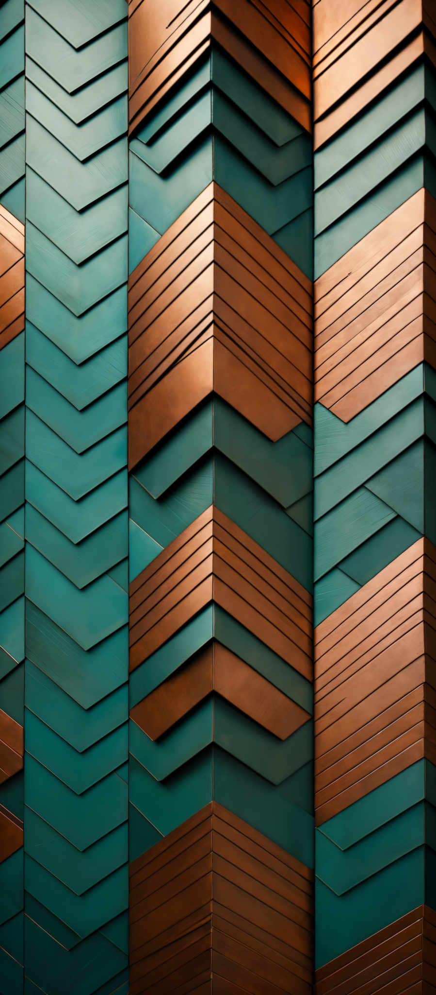 The image showcases an intricate design of layered rectangular blocks. The colors range from deep teal to rich copper. The blocks are arranged in a 3D fashion, creating a sense of depth and dimension. The design appears to be symmetrical, with each block having a slightly different shade of the respective color, giving it a textured and layered appearance.