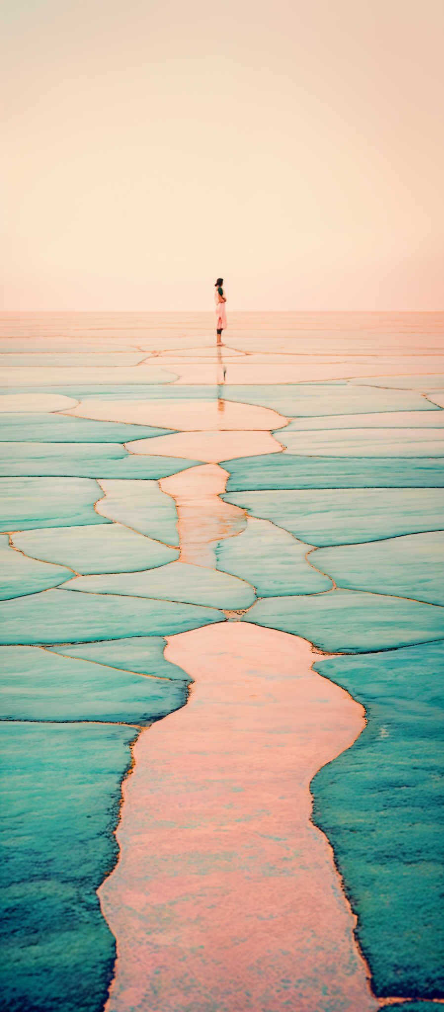 The image showcases a vast expanse of cracked earth, forming intricate patterns and shapes. The colors range from deep blues and teals to lighter shades of turquoise and pink. The patterns resemble thin, winding water channels that have dried up, leaving behind these unique and mesmerizing patterns. In the distance, there's a solitary figure, possibly a person, standing and looking out over the landscape. The horizon is clear, and the sky above is a soft gradient of pastel colors, suggesting either dawn or dusk.