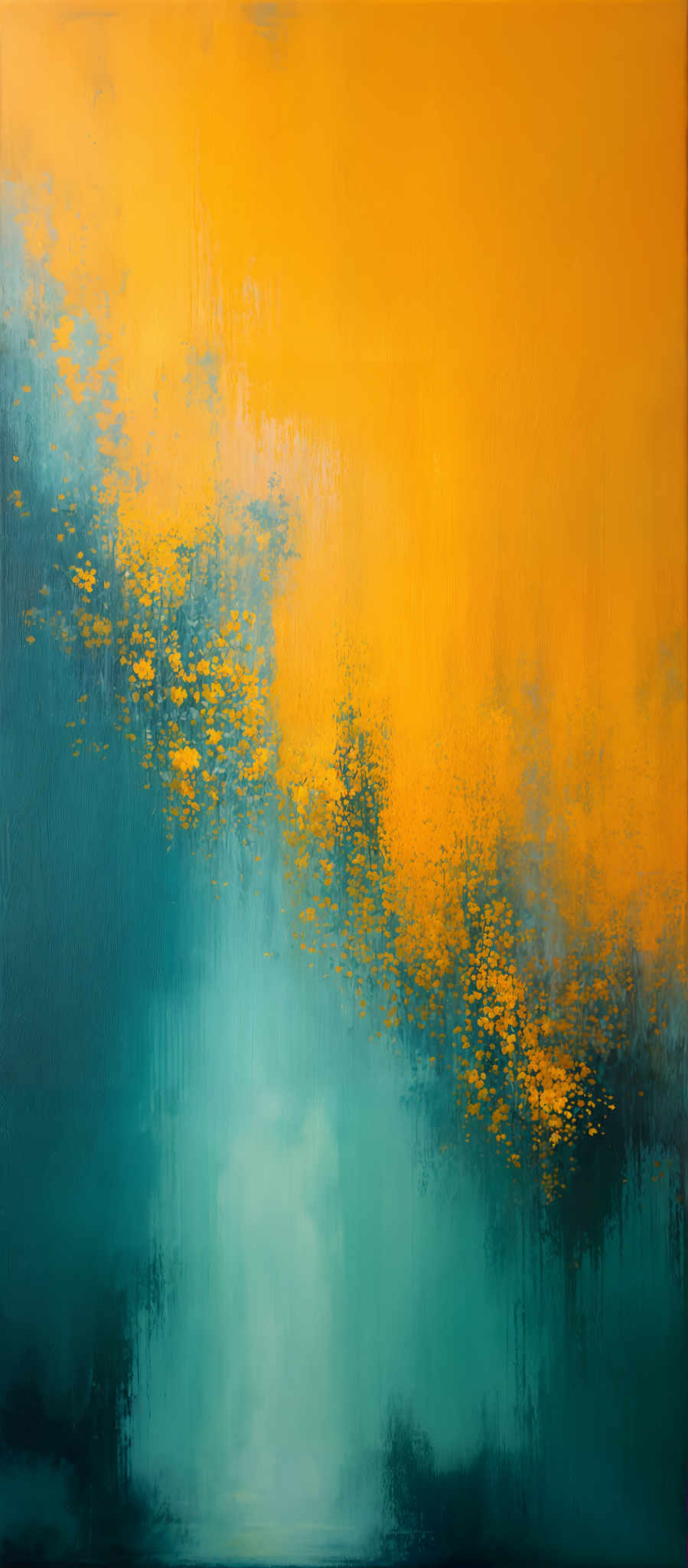 The image showcases a vibrant and abstract painting. The dominant colors are shades of yellow, teal, and a hint of white. The upper portion is dominated by a bright yellow hue, which gradually transitions into a deep teal towards the bottom. There's a subtle gradient effect, with the yellow becoming more diffused and the teal becoming more defined as it descends. The lower part of the painting has a serene, almost ethereal quality with a soft white glow, possibly representing a horizon or a light source. The overall shape is abstract, with no clear forms or objects, but it evokes feelings of tranquility and depth.