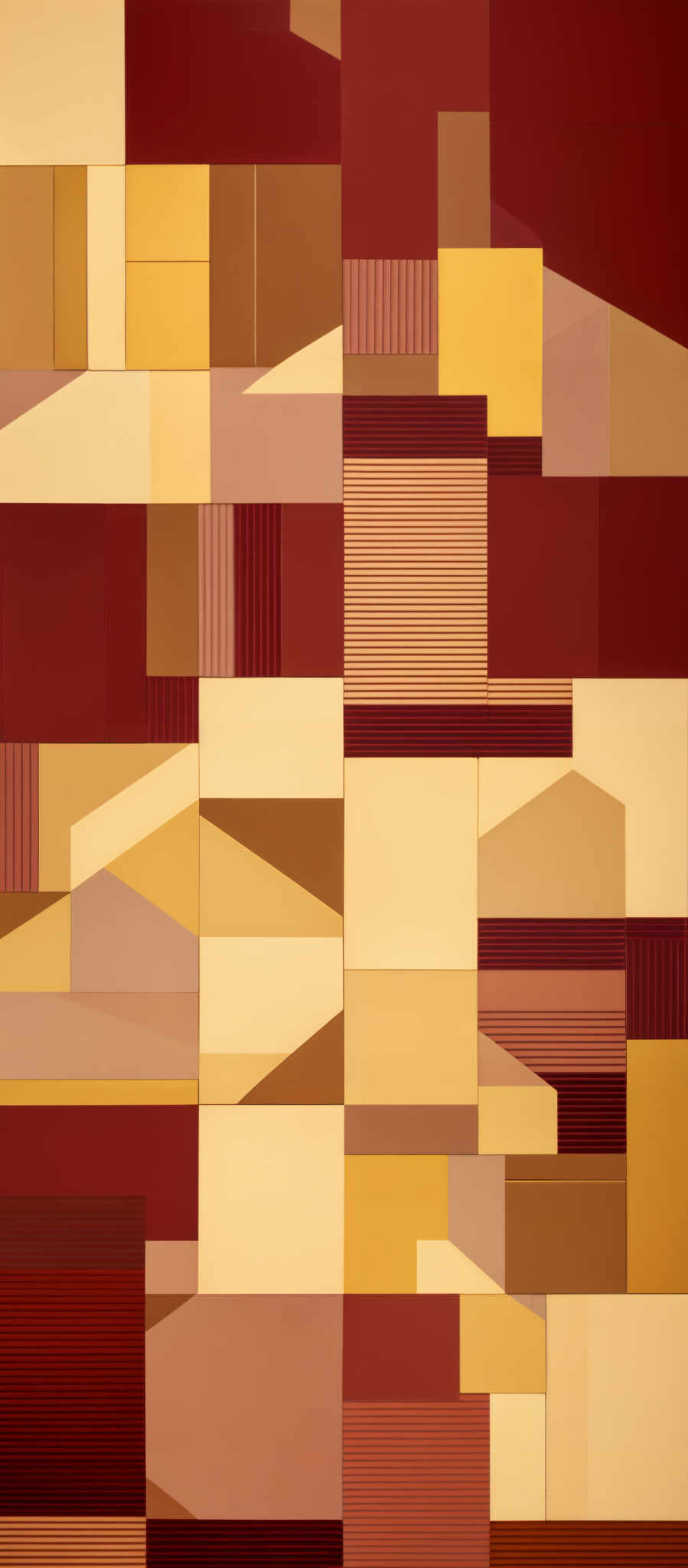 The image showcases an abstract composition made up of various geometric shapes and patterns. The dominant colors are shades of red, yellow, and beige. The shapes include rectangles, squares, and triangles, with some having stripes or other textured patterns. There's a sense of symmetry and balance in the arrangement, with the colors complementing each other to create a harmonious visual effect.