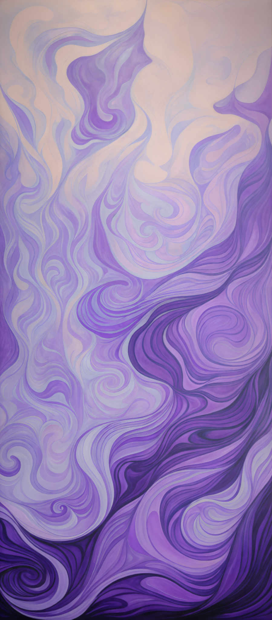 The image showcases a vibrant and intricate pattern of swirling shapes in varying shades of purple, blue, and white. The swirls are fluid and reminiscent of waves or smoke, creating a mesmerizing effect. The color palette is predominantly cool, with the purples and blues giving a sense of depth and movement. The overall composition is both abstract and captivating, inviting viewers to lose themselves in the intricate details.