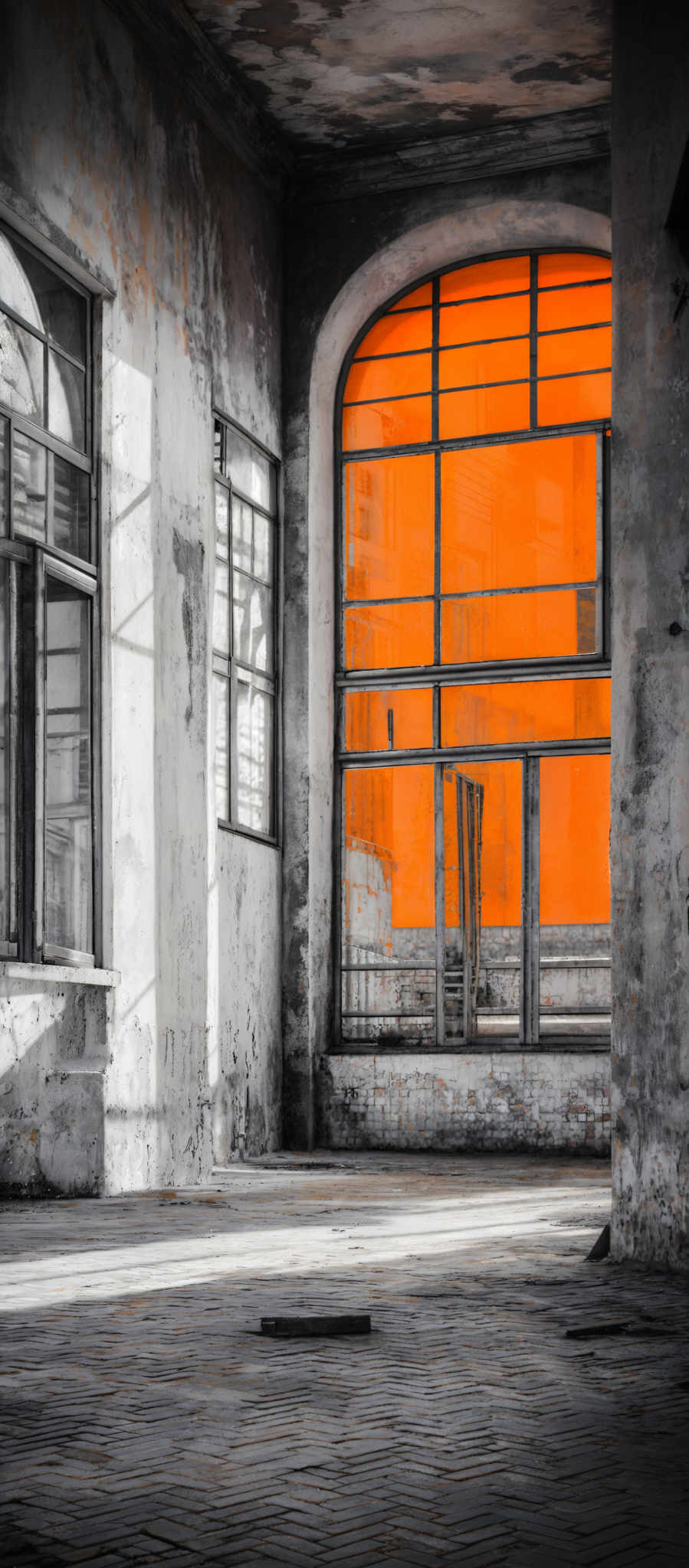 The image showcases a room with a vintage or old-world architectural style. The dominant color is a faded gray, indicative of aging walls and ceilings. There's a large arched window on the right side, which is colored in a striking shade of orange. The window has multiple panes, and the reflection of the surroundings can be seen through it. The floor is made of brick, and there are some debris or objects scattered around. The room has a sense of abandonment, with peeling paint and visible wear and tear.