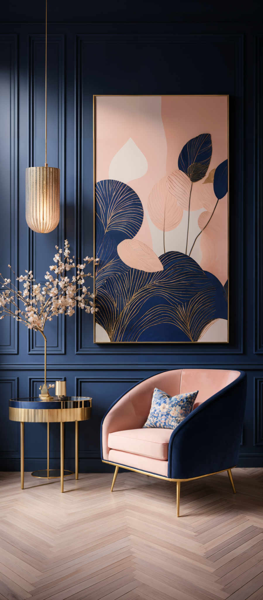 The image showcases a room with deep blue walls. On the wall, there's a large framed artwork that features abstract designs with shapes resembling leaves and flowers in shades of pink, blue, and white. Below the artwork, there is a gold-colored circular table with a vase holding a branch with white blossoms. Adjacent to the table is a pink sofa with a blue cushion that has a floral pattern. Above the sofa, there are two pendant lights with a cylindrical shape, one of which is gold and the other is a translucent shade.