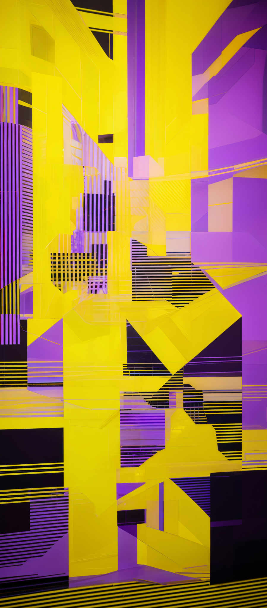 The image showcases an abstract artwork dominated by vibrant shades of yellow, purple, and black. The artwork consists of geometric shapes, including rectangles, squares, and triangles, overlapping and intersecting in various patterns. The use of gradient colors, especially the transition from purple to yellow, gives the artwork a dynamic and energetic feel. The overlaid lines and patterns add depth and complexity to the composition.