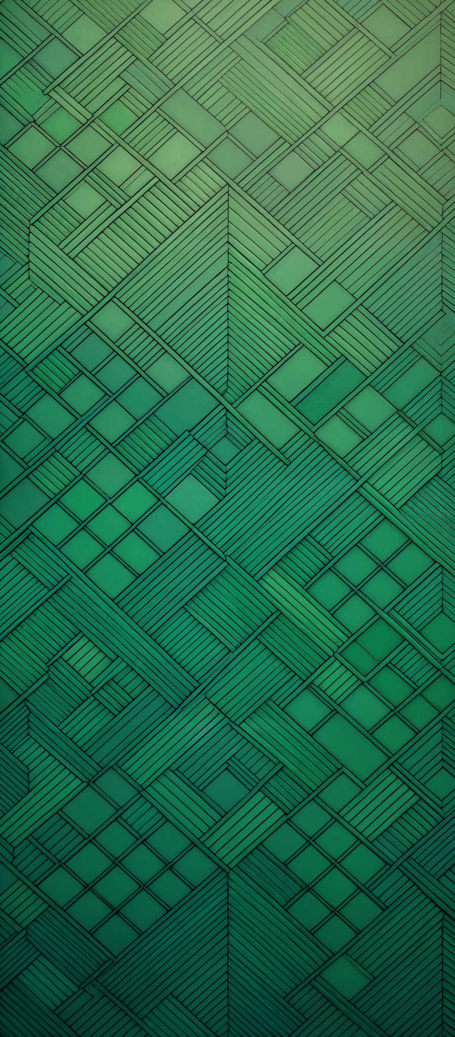 The image showcases a geometric pattern with varying shades of green. The pattern consists of intersecting lines and shapes, creating a tessellated design. The colors range from a light green at the top to a darker shade of green at bottom. The design appears to be a series of interconnected diamonds and rectangles, giving it a rhythmic and structured appearance.