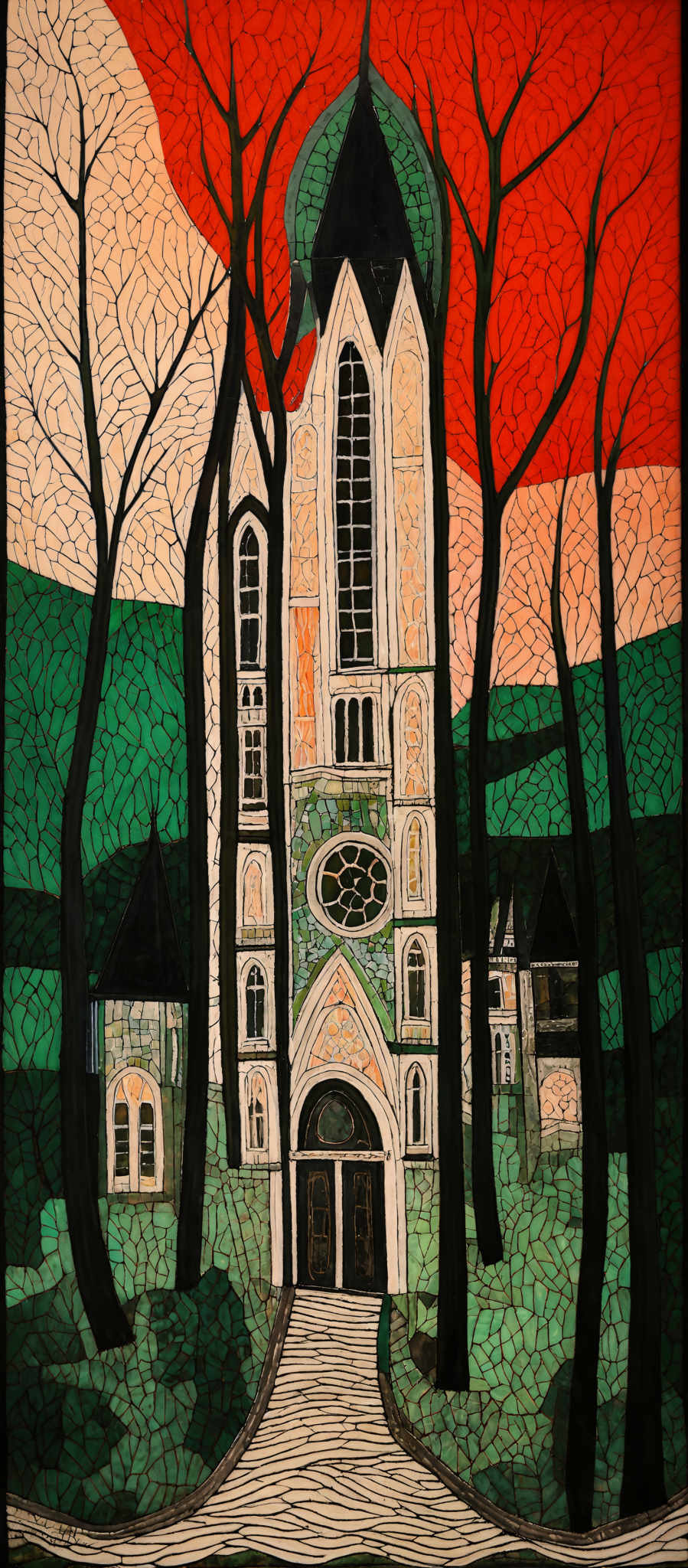 The image showcases a vibrant and intricate depiction of a gothic-style church or cathedral. The church is predominantly white with detailed architectural features, including pointed arch windows and a rose window. The background features a large red sky, possibly indicating a sunset or sunrise. Surrounding the church are tall, slender trees with dark, almost black trunks. The ground is covered in green, suggesting grass or a forest floor. The entire image is framed by a thick black border, giving it a mosaic or stained glass effect.