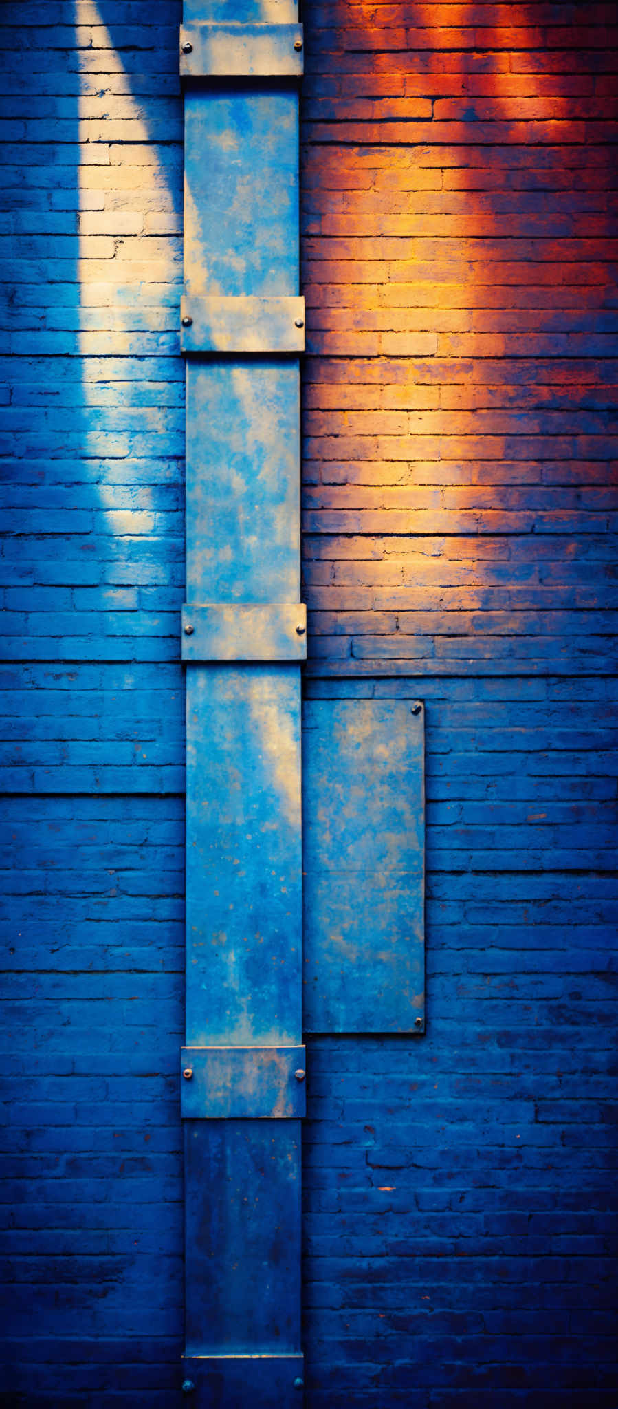 The image showcases a vertical structure made of metal plates, with each plate having a rectangular shape. The metal planks are attached to a brick wall, which has a rich blue hue. The wall is adorned with a gradient of colors, transitioning from a deep blue at the top to a warmer orange-red hue towards the bottom. The sunlight casts a shadow on the wall, emphasizing the gradient and adding depth to the scene.