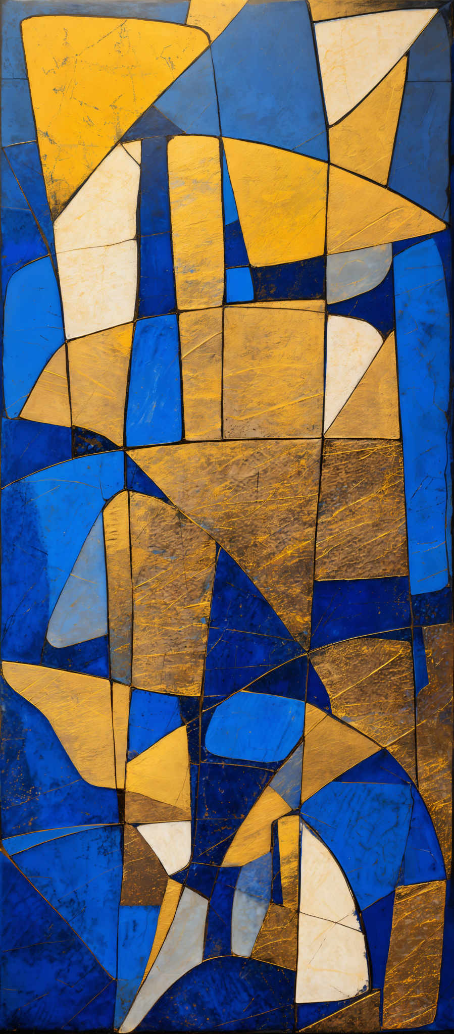 The image showcases an abstract artwork with a predominant use of blue and gold colors. The shapes are fragmented and reminiscent of geometric patterns, with overlapping rectangles, triangles, and curves. The gold color appears to have a textured or brush-stroked effect, while the blue is smooth and has varying shades, from deep navy to lighter sky blue. The artwork gives an impression of a dynamic interplay between the two colors, possibly representing contrasts or harmonies.