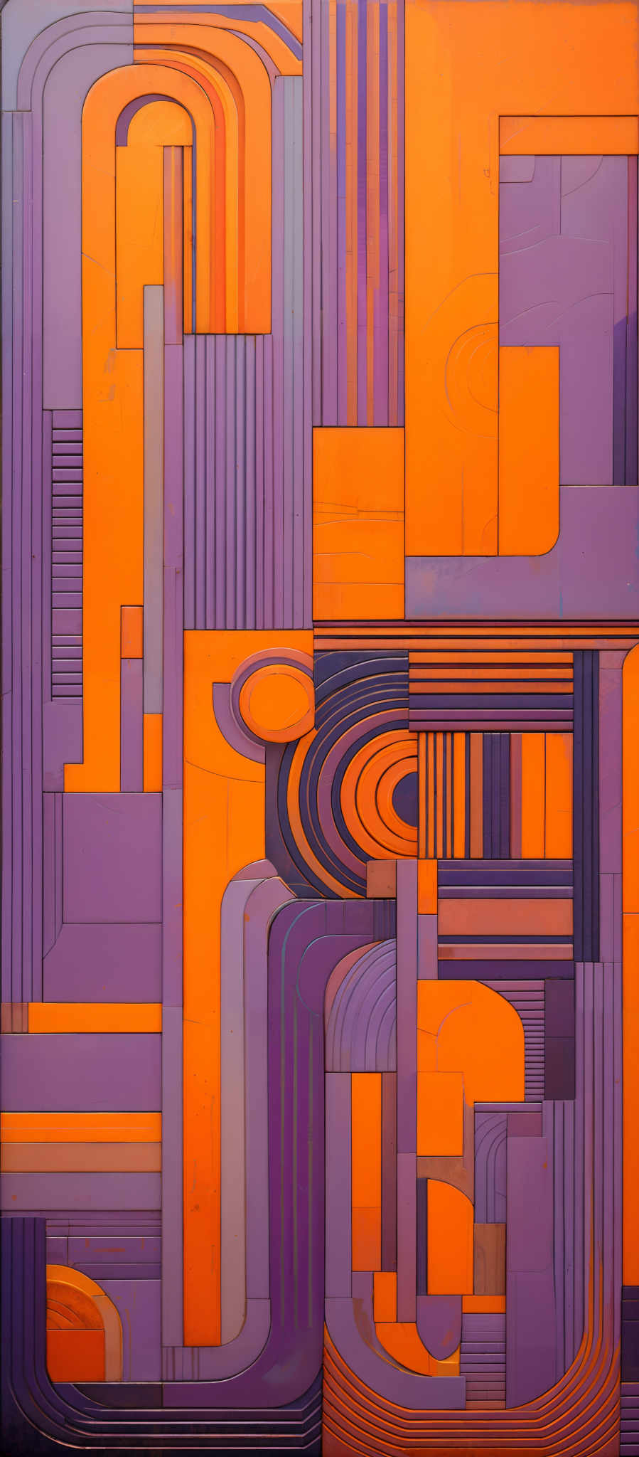 The image showcases an abstract artwork with a combination of geometric shapes and vibrant colors. Dominant colors include shades of orange, purple, and blue. The shapes are reminiscent of rectangles, squares, and curves, interconnected in a complex pattern. The artwork seems to be a play of lines, curves, and blocks, creating a sense of depth and dimension.