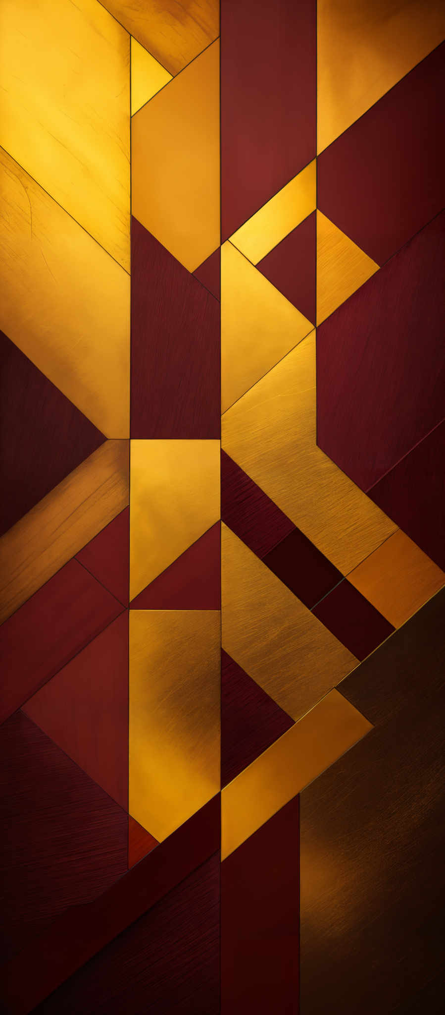 The image showcases an abstract geometric design. It consists of various geometric shapes, including rectangles, triangles, and squares, interlocked in a complex pattern. The dominant colors in the image are shades of gold, deep red, and a hint of brown. The gold and deep red tones give the image a rich and luxurious feel, while the brown adds depth and warmth. The interplay of these colors creates a visually appealing contrast.