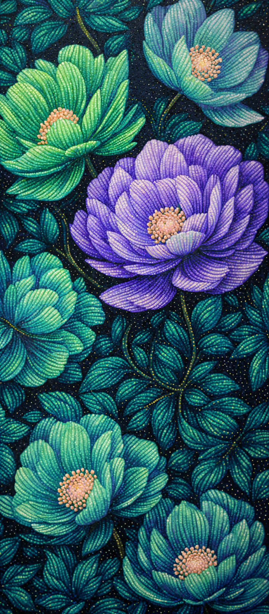 The image showcases vibrant and intricately detailed flowers. The flowers are primarily in shades of green and purple, with layered petals that showcase a gradient of colors. The center of each flower is adorned with a circular pattern, predominantly in shade of yellow. The background is dark, possibly representing nighttime, with speckles of light, giving the impression of a starry sky.