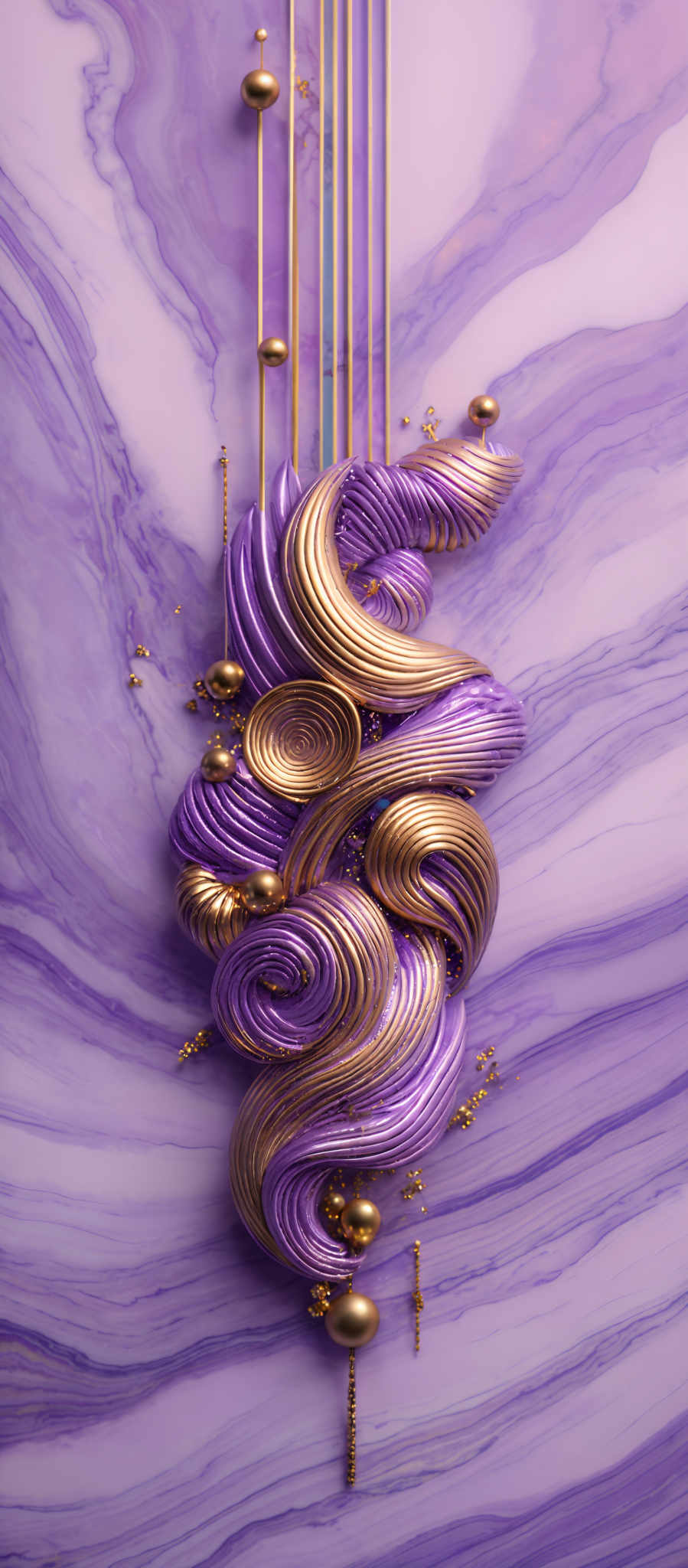 The image showcases a vibrant and intricate design. The dominant colors are shades of purple and gold. The design consists of swirling patterns, reminiscent of fluid art or marbling, with gold and purple hues intertwining. There are also gold spheres and lines that seem to be suspended in mid-air, adding to the overall elegance of the piece. The background has a marbled pattern in shades ranging from light purple to deep violet, creating a contrast that enhances the visual appeal of the central design.