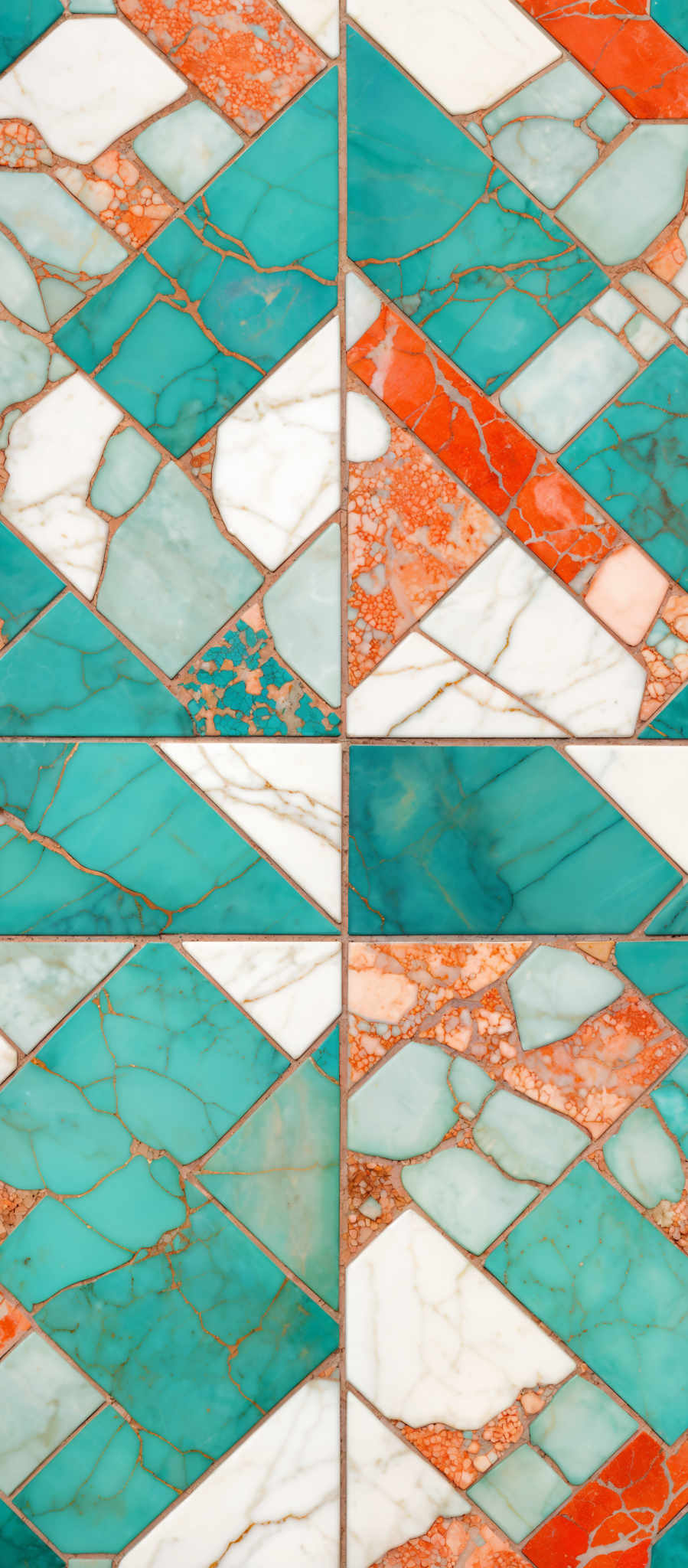 The image showcases a pattern of geometric shapes, predominantly triangles, arranged in a mosaic fashion. The colors used are a mix of turquoise, white, and shades of orange and brown. The turquoisie and white are used for the background and fill of the triangles respectively, while the orange and browns are used to depict veins or marbling within the triangular patterns.