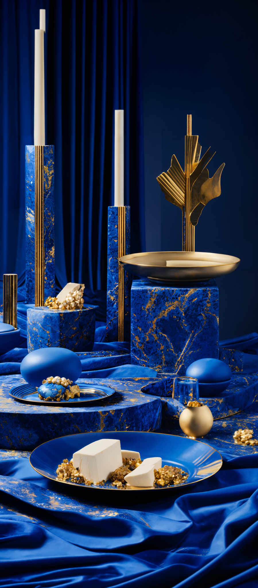 The image showcases a rich blue palette with gold accents. There are tall cylindrical objects with vertical gold stripes, some of which have a candle placed on top. There's also a gold decorative piece resembling a tree or plant. The objects are placed on a blue surface with gold flecks, and there are spherical gold decorations scattered around. On one of the plates, there are white geometric shapes, possibly cubes or rectangles, and a golden decorative item resembles a cluster of grapes or berries.