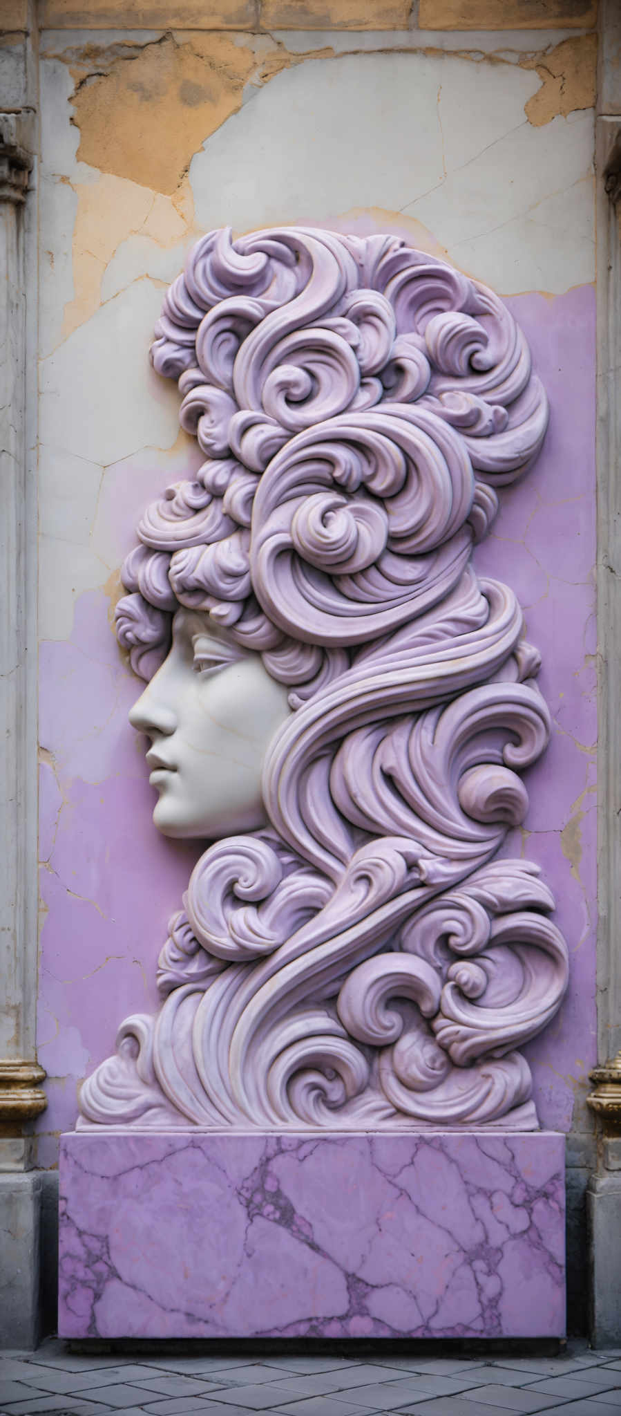 The image showcases a three-dimensional relief sculpture of a female face. The face is intricately designed with swirling patterns resembling flowing hair or waves. The color palette is dominated by shades of purple and lavender, with the face itself being in a pale hue, possibly white or light gray. The background is a faded lavender with patches of peeling paint revealing the underlying surface. The sculpture is placed on a base that mirrors the color and pattern of the swirls, and it's set against a backdrop of an old, weathered wall.