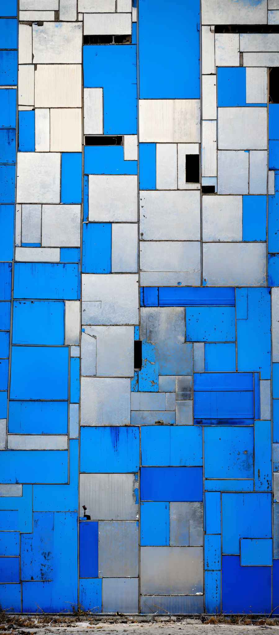 The image showcases a series of rectangular and square panels arranged in an abstract pattern. The panels are predominantly in shades of blue and white, with some showing signs of wear, such as chipped paint and rust. The arrangement of the panels gives an impression of a fragmented or broken wall, with gaps between some panels allowing a view of the ground below.