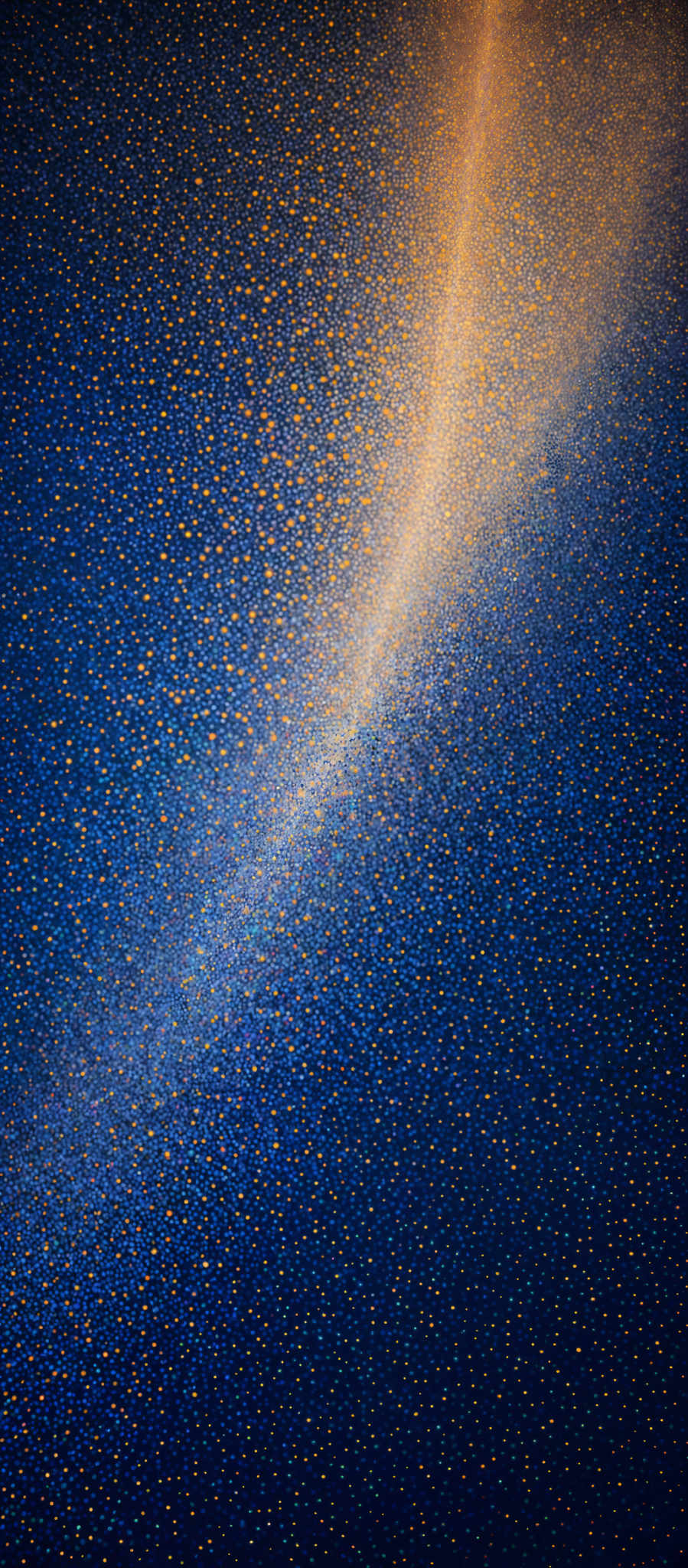 The image predominantly features a deep blue background with a radiant streak of golden-yellow particles. These particles appear to be densely packed and are scattered across the image, creating a shimmering effect. The golden- yellow particles seem to be emanating from the center and spreading outwards, giving the impression of a cosmic or celestial phenomenon.