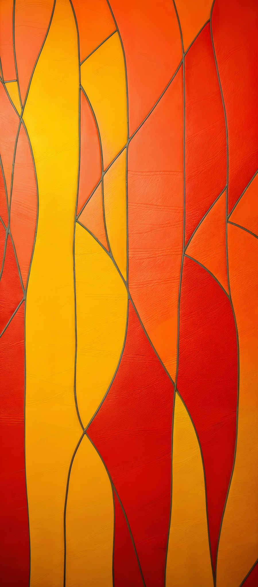 The image showcases an abstract artwork with a vibrant color palette. The dominant colors are shades of red, orange, and yellow. The artwork features interconnected lines and shapes, reminiscent of a mosaic or a stained glass window. The shapes are organic and flowing, with curves and lines intersecting in various patterns. The overall feel of the artwork is dynamic and energetic, evoking a sense of movement and fluidity.